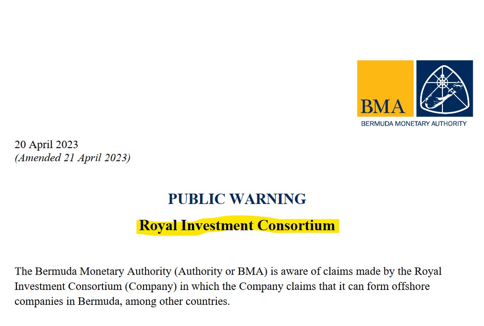 BMA Royal Investment Scheme BMA Bermuda warns against Royal Investment Consortium