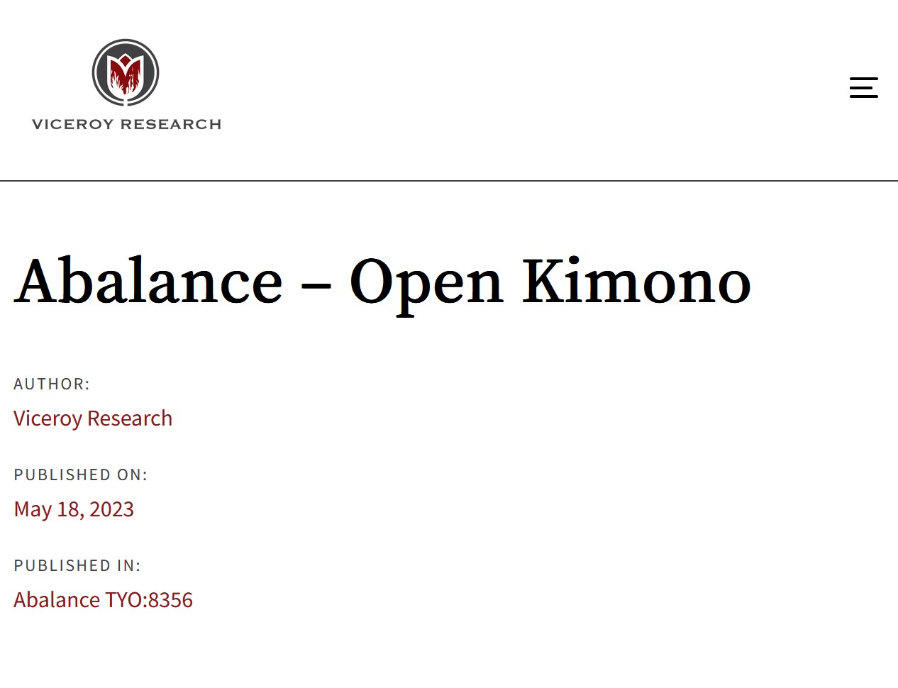 Abalance Open Kimono Short-seller Viceroy Researach against Japanese Abalance