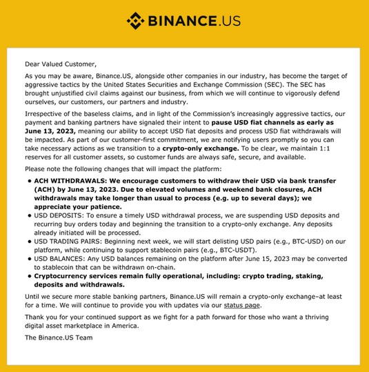 Binance.US terminates USD transactions