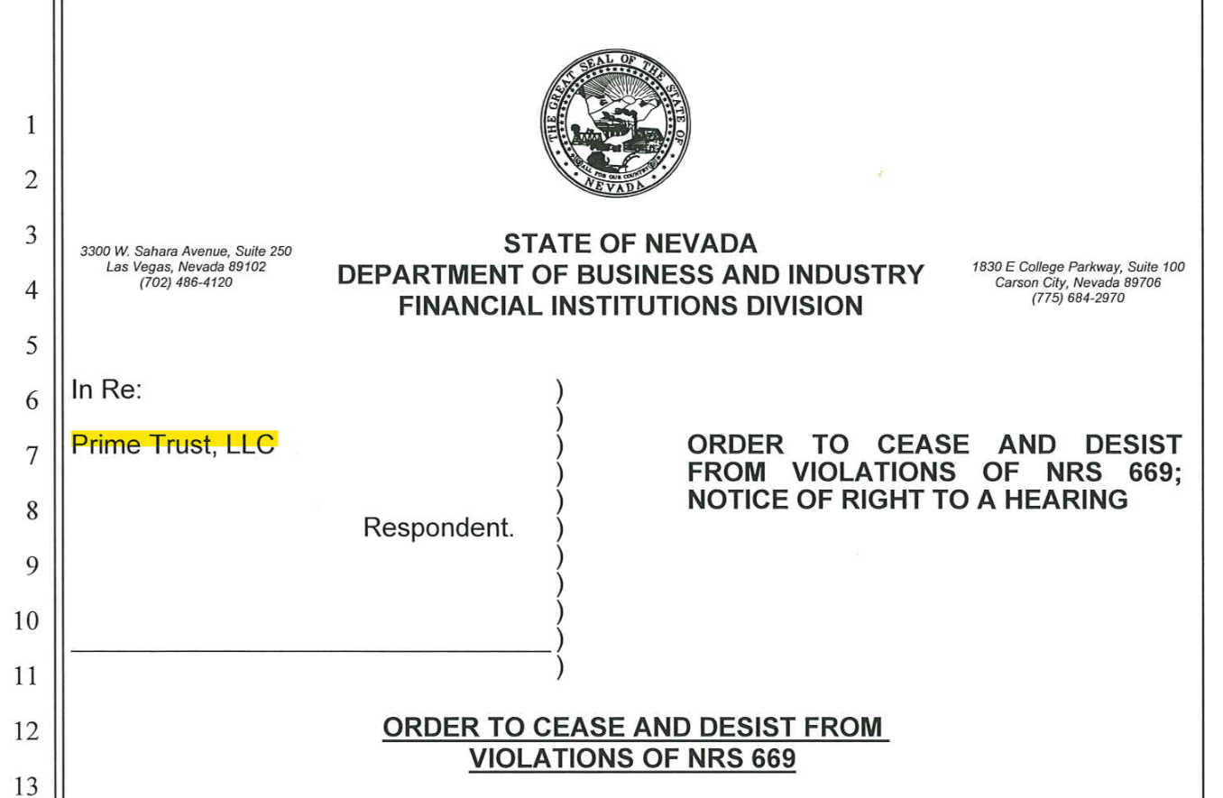 Prime Trust Cease and Desist Prime Trust received cease and desist order