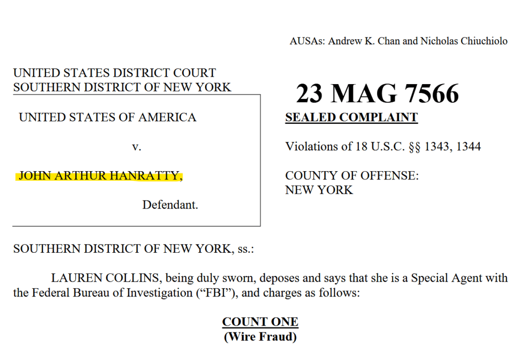 U.S. DOJ charges John Arthur Hanratty over bank fraud and wire fraud