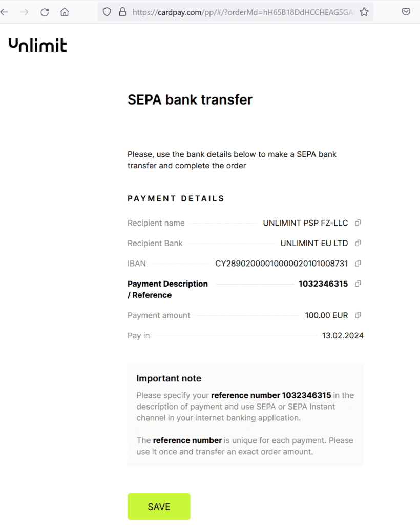 Unlimit payment instructions for 22Betgo clients