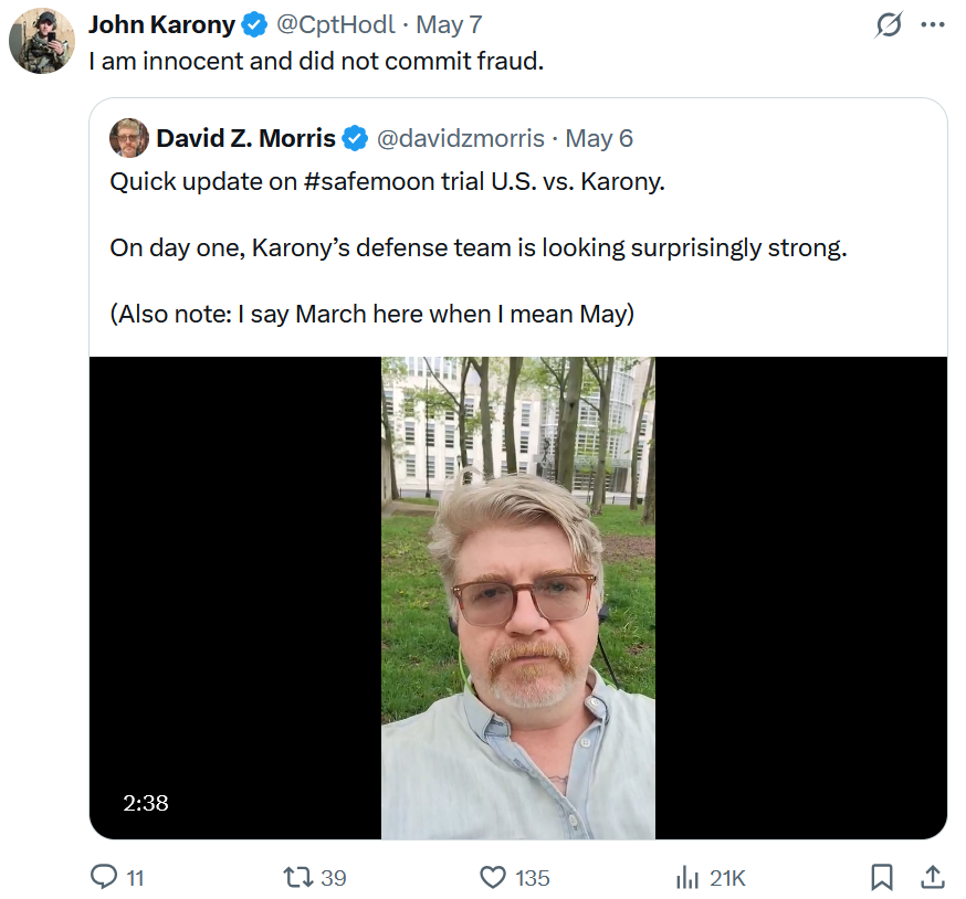 John Karony claims on X that he would be innocent and did not commit fraud