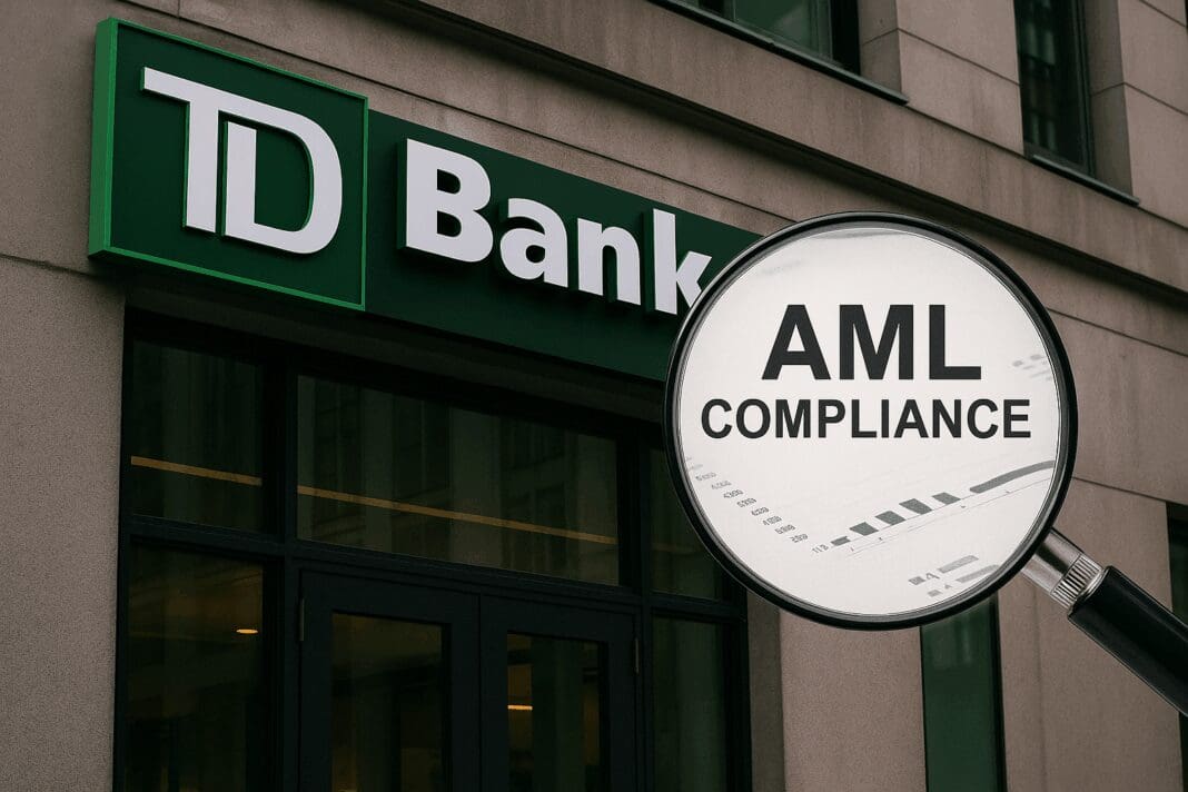 TD Bank headquarters with a magnifying glass highlighting AML compliance documents.